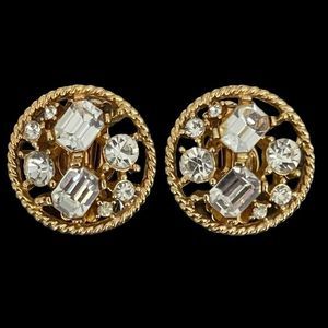Beautiful Vintage Rhinestone Multi Shape Stone Gold Tone Clip On Earrings